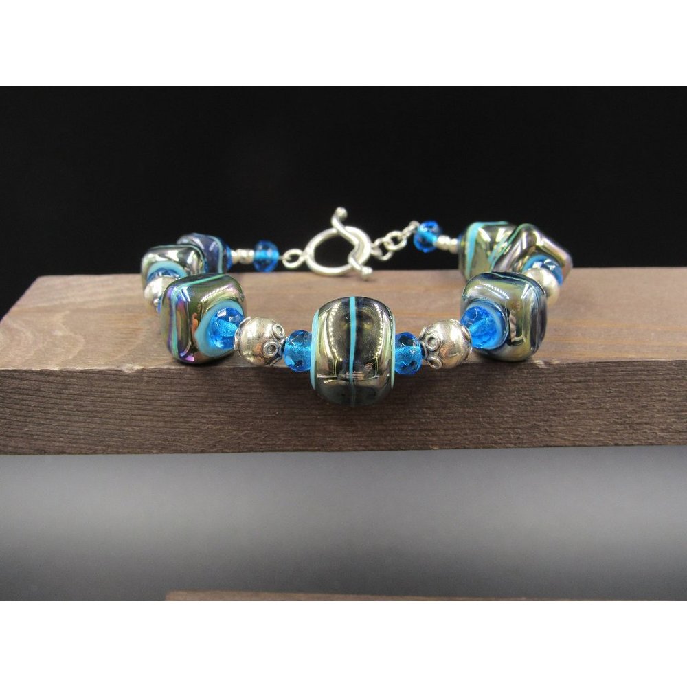 8" Sterling Silver Colorful Multi Color Glass Bracelet Vintage Elegant Beautiful